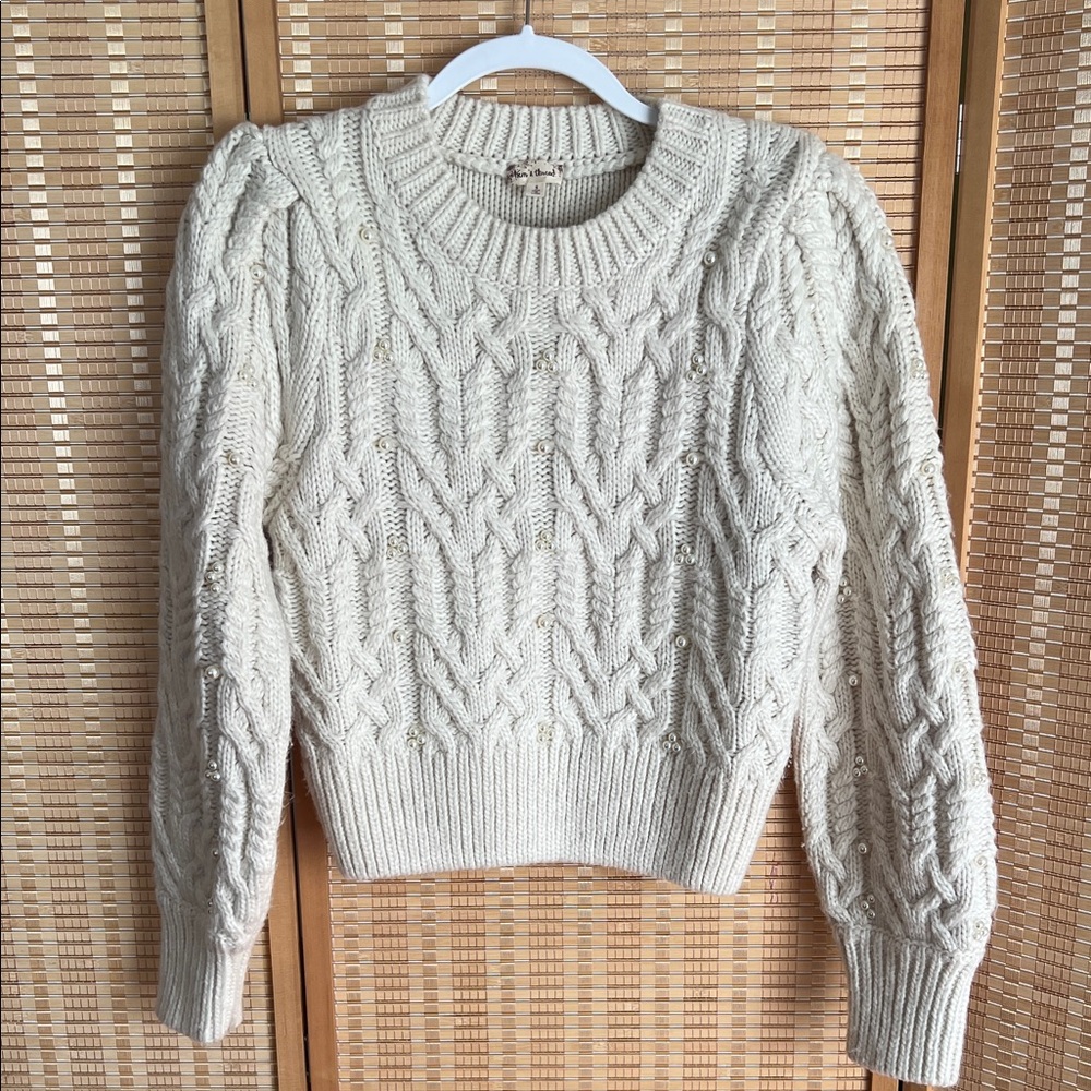 Hem & Thread Pearl Embellished Cream Fancy Knit Long Sleeve Sweater
